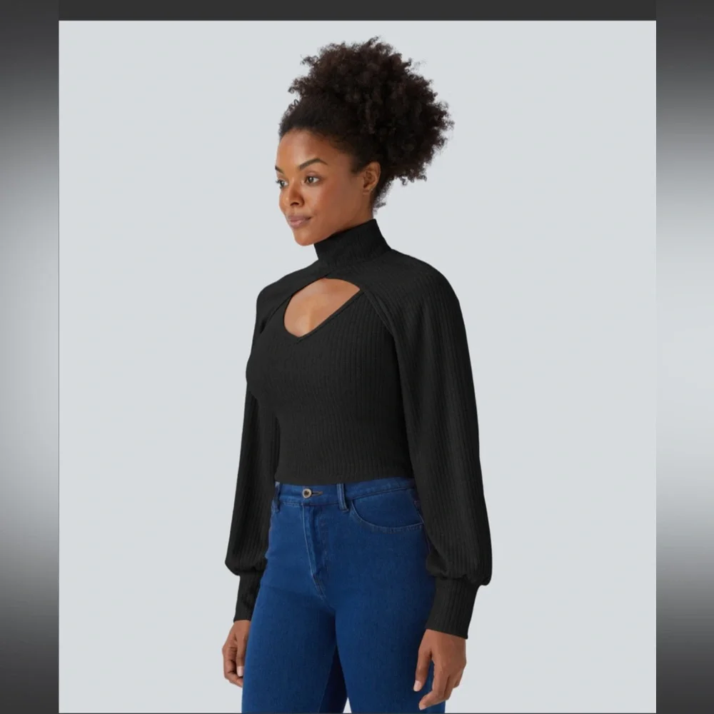 Ribbed Knit High Neck Long Sleeve Cut Out 2-Piece Casual Sweater - Picture 3 of 5